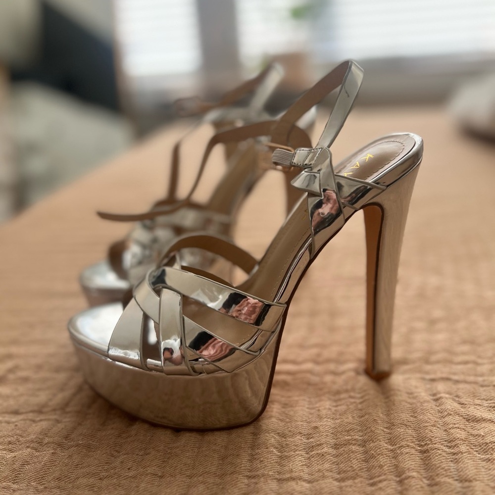 Silver Stiletto Platform Heels with Strappy Design